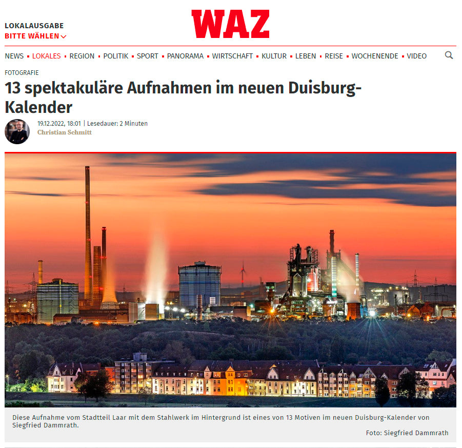 13 SPEKTAKULÄRE AUFNAHMEN - titelt die WAZ den DUISBURG-KALENDER 